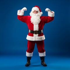 Strong Santa Claus Flexing Muscles on Blue Background, Christmas Concept