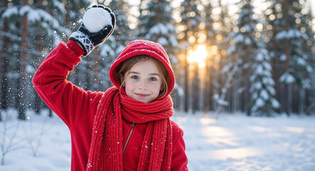 Happy young girl throwing a snowball in a snowy winter forest. Child in red coat and scarf playing outdoors. Winter vacation fun concept