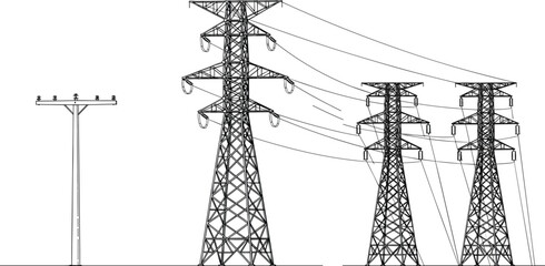 Vector blueprint drawing of electrical transmission towers, pylons, and utility pole; high-voltage lattice steel structures carrying power lines for energy distribution and
