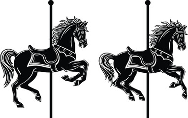 Vintage Merry Go Round Carousel Horse Silhouette Vector Design for Fair Carnival Amusement Park Ride Graphics, Classic Retro Entertainment Childhood Fun. © Sawda's World