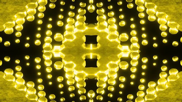 Gold Tech Background with Luminous Geometric Pattern and Rotating Hexa Shapes creating a Matrix Style Digital Atmosphere with Soft Glow