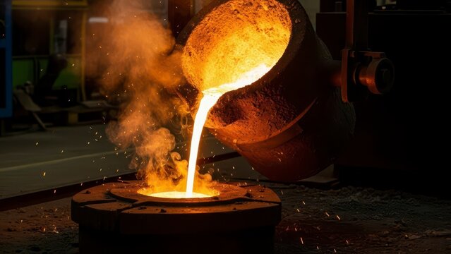 Molten Metal Pouring into Mold at Industrial Foundry.