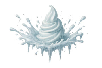 Soft serve ice cream cone shape with cool splash of liquid cream, frozen dessert swirling composition on transparent background