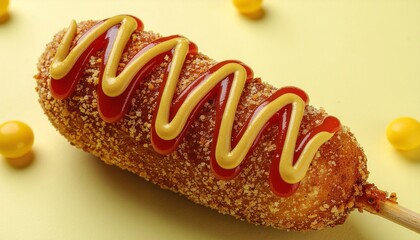Crispy corn dog coated in breadcrumbs and drizzled with ketchup and mustard on a bright yellow background, showcasing classic street food with bold colors and playful style.