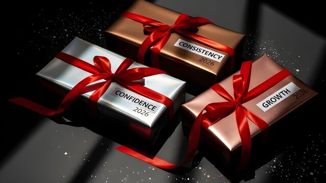 Three elegantly wrapped presents in metallic paper with red ribbons sit on a dark surface, symbolizing key concepts like confidence, consistency, and growth for personal or business success.