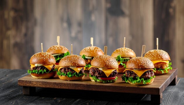 Gourmet mini burgers with beef patties, fresh lettuce, cheese, and buns served on a wooden board, showcasing delicious party food, sliders, and modern casual dining. - Powered by Adobe