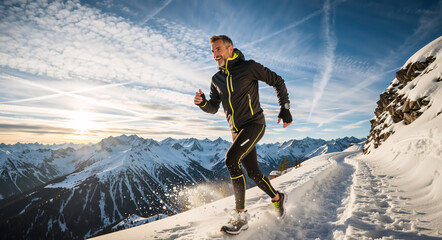 Man trail running in the snow on a sunny winter day. Active athlete exercising in a mountain landscape for fitness and endurance