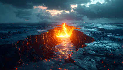 Fiery Volcanic Eruption Amidst Ocean Waters Under Stormy Skies.