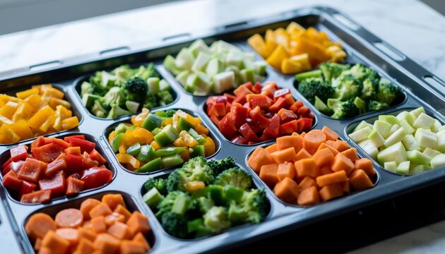 Colorful Pre-cut Fresh Vegetables in Compartment Tray for Healthy Meal Prepping, Stir Fry, or Roasting.