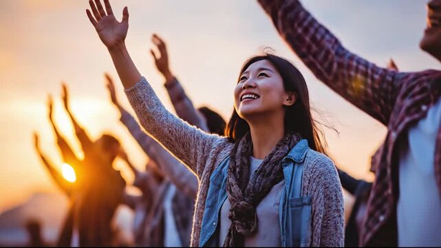 Group of diverse people raising their arms joyfully towards the setting sun, celebrating.