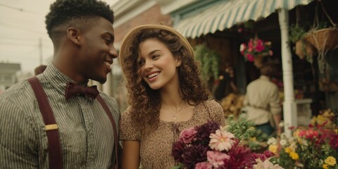 stylish mixed-ethnicity couple smiles at each other in a candid moment while shopping for flowers outside a quaint market stall. The handsome man wears a bow tie and suspenders