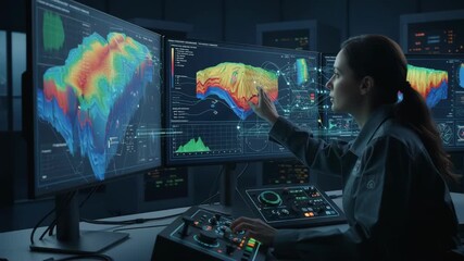 Medium shot showing a technician monitoring geophysical data processed by AI algorithms to improve accuracy in underground resource detection.