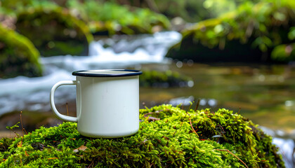 Obraz premium White mug on mossy rock near flowing stream in nature.