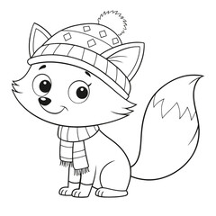 Cartoon fox wearing a hat and scarf in black and white line art for coloring book illustration style
