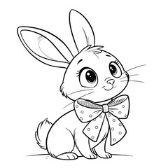 Cute cartoon bunny with a polka dot bow tie in black and white line art for coloring or design use