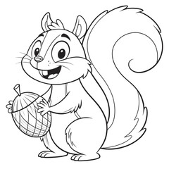 Cartoon squirrel holding an acorn with a big fluffy tail in black and white line art style