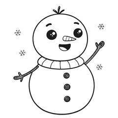 Illustration of a smiling snowman with snowflakes on a white background in black and white style
