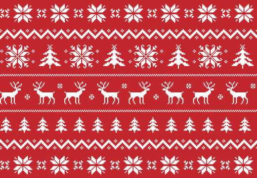 Seamless Christmas Pattern White on Red Background. Old classic knitted xmas sweater style embroidery imitation. Winter holiday vector art with snowflakes, evergreen trees and reindeers.