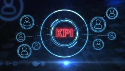 KPI and Connected Icons: An abstract representation of Key Performance Indicators (KPI) and interconnected icons, depicting business metrics, analysis, and data-driven insights.