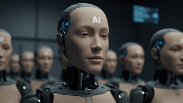 Close-up of a humanoid robot with realistic human features and advanced AI technology.