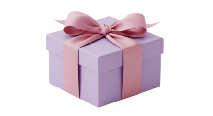 Elegant Lilac Gift Box with Pink Ribbon and Bow Isolated on Transparent Background