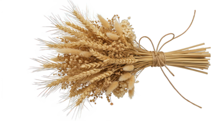 Rustic Dried Wheat and Flower Bouquet Tied with Twine on a Transparent Background
