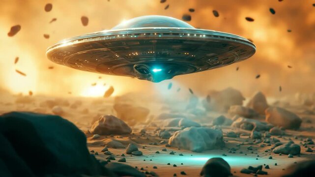 Close up of a detailed metallic flying saucer hovering low over a rocky, desolate alien planet surface at sunset 4k video