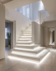 Obraz premium The staircase is lit up with white lights, creating a modern