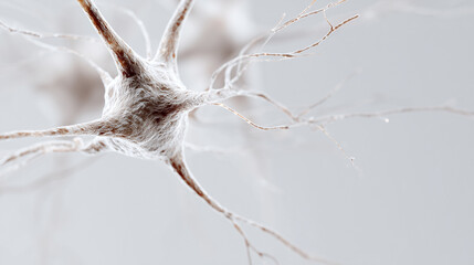 Aging neuron cell with faded connections showing cognitive decline. Abstract neural network, brain aging visualization, soft beige and white tones, medical neuroscience concept.