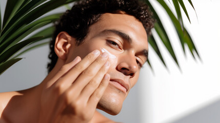 Man applying facial cream, skincare routine with natural cosmetics. Male beauty, moisturizing treatment, healthy skin care, wellness, grooming concept with tropical palm leaves background.