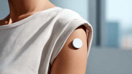 Glucose monitoring sensor patch on woman's arm for diabetes management. Continuous blood sugar level tracking device on skin. Modern healthcare technology for diabetic patient health control.