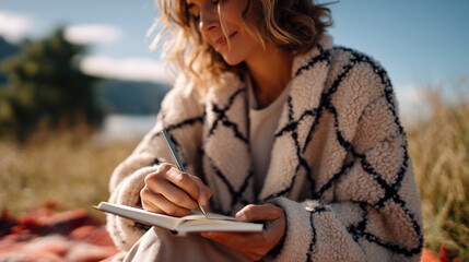 Woman writing in journal outdoors by ocean. Mindfulness practice, mental wellness, self-reflection, nature connection. Peaceful meditation, personal growth, therapeutic journaling concept.