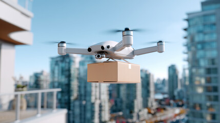 Delivery drone carrying cardboard package over modern city skyline. Autonomous aerial shipping technology for fast logistics service. Urban innovation in transportation and automated parcel delivery.