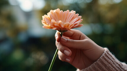 Hand holding pink gerbera daisy flower outdoors in natural light. Mental health, nature connection, mindfulness, peace, tranquility, wellness, self-care, beauty, simplicity, harmony concept.
