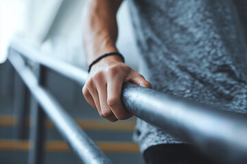 A man is holding a railing with his hand