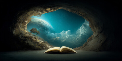 An open book glows inside a cave, revealing another world beyond, symbolizing the escape and new realities books provide.