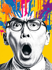 Black-and-white shocked man with exploding colorful paint from his head, symbolizing sudden creativity, ideas, and expressive imagination breaking free.