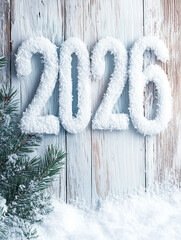 Frost-covered 2026 numbers on rustic wooden boards with pine branches and snow, creating a cozy winter holiday greeting.