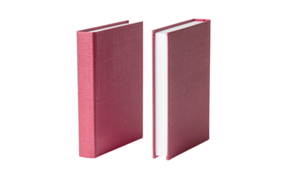 Two maroon books stand upright with white pages visible on the right, viewed at an angle, isolated on a neutral background with png background