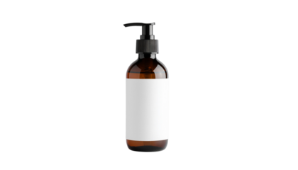 Amber glass bottle with a black pump dispenser and a white label affixed to the front of the container no background