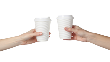 Two hands holding white disposable coffee cups with lids on a white background for a cheers gesture high-key lighting with cutout object