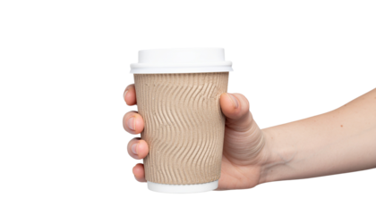 Hand holds a disposable brown paper coffee cup with a white plastic lid showing textured wavy lines on the cup pure white background cutout