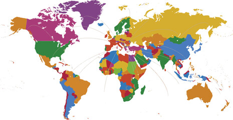 Political World Map: Global Network Centralized in Europe with Contrasting Country Colors © Masud Crafts