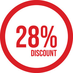 28% discount icon vector red circle with red text