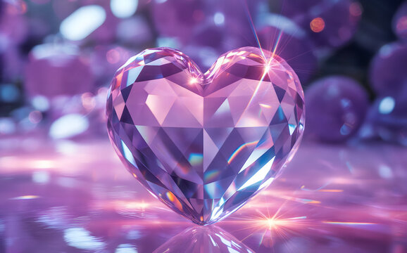 Hyper realistic 3d purple crystal heart gemstone, sparkling faceted diamond glass, blurred bokeh background, luxury love romance concept, for valentine's day, wedding, web, banner, fashion wallpaper.