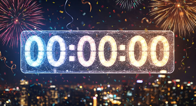 Digital clock displaying 00 00 00 with vibrant fireworks exploding in the night sky above a city skyline at midnight
