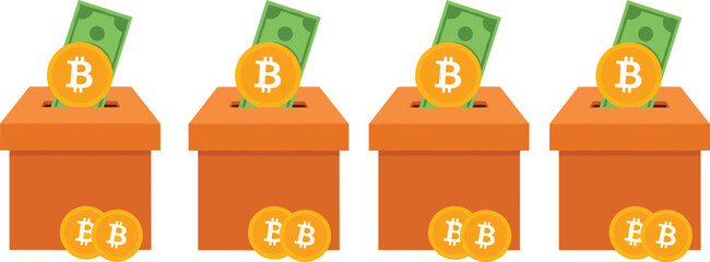 Bitcoin donation box illustration with cash and cryptocurrency coins showing digital payments, financial savings, investment concept and money contribution vector design
