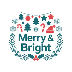Merry & Bright Holiday Banner with Christmas Trees, Snowflakes, and Candy Canes — Festive Seasonal Illustration