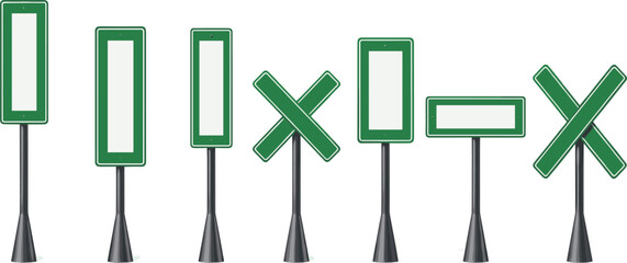 blank green road signs in various orientations and configurations on poles, isolated on white background for design use
