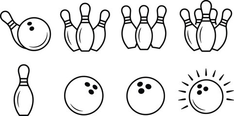 bowling icons including pins, balls, and motion graphics, isolated on white background for sports design use